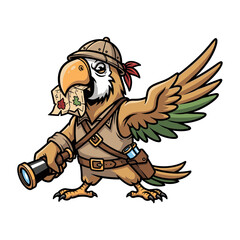 Explorer parrot in a brown outfit with telescope and map, adventurous jungle character ideal for discovery or treasure map illustrations.
