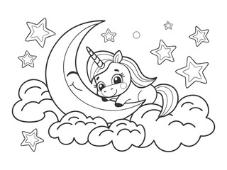 Naklejka premium A cute cartoon unicorn is sleeping on the moon in clouds. Black and white illustration for coloring book