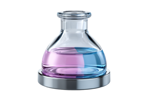 Colorful liquid in laboratory flask on transparent background