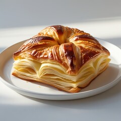 Close up of a flaky golden baked croissant filled with layers of creamy yellow cheese on a white plate