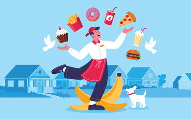 cheerful food delivery person juggling fast food items while balancing on banana peels in a vibrant suburban street illustration