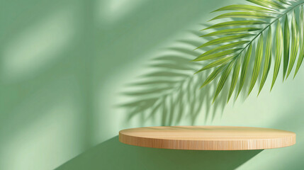 mockup podium wooden with beautiful palm leaf for advertising and shadows