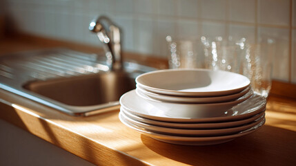 clean dishes plates in the kitchen near the sink with kitchen utensils
