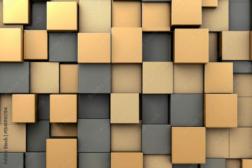 Poster Golden square block pattern, abstract geometric background with metallic and matte texture, modern and elegant design