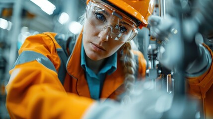 A focused female worker diligently repairs machinery in an industrial environment, showcasing her expertise and commitment to maintaining operations safely and efficiently.