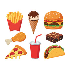 illustration of popular fast food items including burger, fries, fried chicken, pizza slice, taco, brownie, soda drink, and ice cream cone