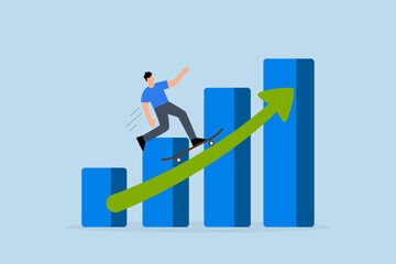 business manager skateboarding on fast growing profit chart.