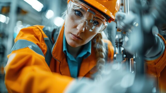 A focused female worker diligently repairs machinery in an industrial environment, showcasing her expertise and commitment to maintaining operations safely and efficiently.