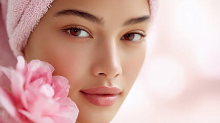 beautiful girl model in a towel with clear skin of Caucasian appearance with a pink flower for advertising cosmetics