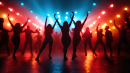 This vibrant image showcases the dramatic silhouettes of people dancing in a lively atmosphere, capturing the excitement and emotion of celebration and nightlife.