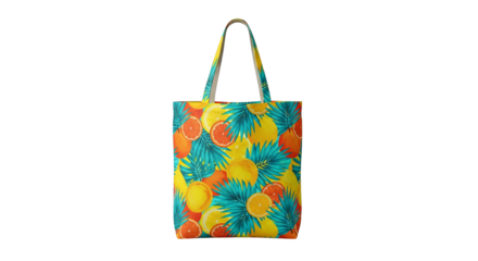 Vibrant tote bag showcases a lively pattern of citrus fruits and tropical palm leaves design style.