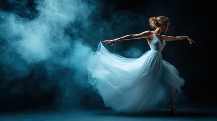 An artistic capture of a graceful dancer in a flowing white dress, spinning in a dramatic atmosphere filled with blue smoke, conveying elegance, freedom, and emotion through movement.