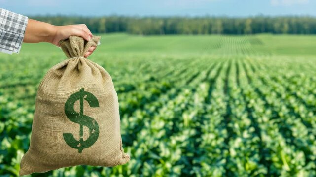 A hand grasps a burlap bag marked with a dollar sign amidst rows of green crops, symbolizing the importance of agriculture and finance