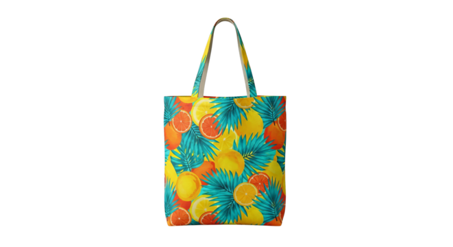 Vibrant tote bag showcases a lively pattern of citrus fruits and tropical palm leaves design style. - Powered by Adobe