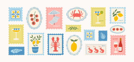 Set of italian summer mediterranean postage stamps. Vacation in Italy. Amalfi. Hand drawn lobster and crab in plate, lemons, tomato, seashell, cocktail, shrimp, tile, wine. Vector trendy illustration.
