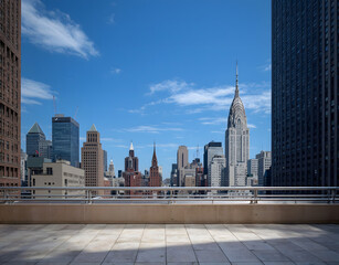 Beautiful, empty rooftop with a view of the New York City skyline on a sunny day, with a white stone floor.	
