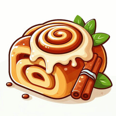 A cinnamon roll with icing cinnamon sticks and leaves