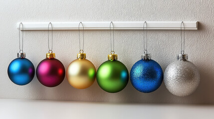Colorful Christmas ornament ball decoration hanging on white wall, festive holiday mood, shiny surface