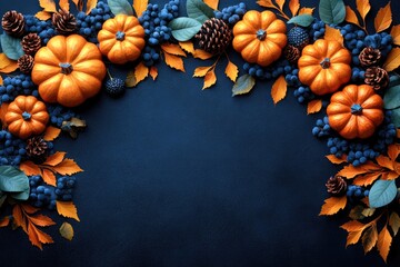 Pumpkins, pine cones, berries and leaves border dark blue background. Best for Thanksgiving, Halloween themes or autumn designs and templates.