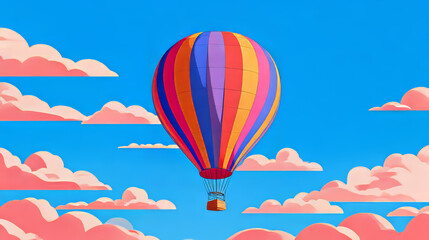 Naklejka premium Hotair baloon romantic festival 3d vector illustration. Round bright sky travel aerostat. Gas inflated striped flight air balloon rising up. Cartoon dreamy adventure concept. Red blue yellow airship