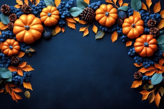 Pumpkins, pine cones, berries and leaves border dark blue background. Best for Thanksgiving, Halloween themes or autumn designs and templates.