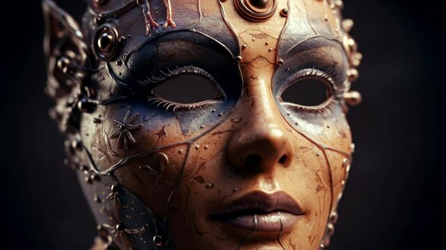 Close-up of a beautifully crafted mask with intricate details and a mysterious expression