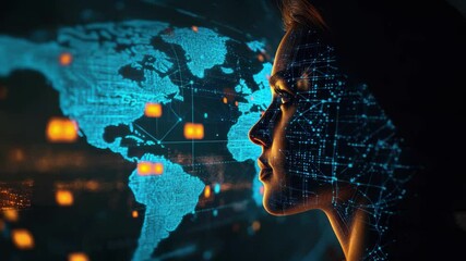 Profile of a woman with digital network connections and world map overlay in blue and orange hues - Powered by Adobe