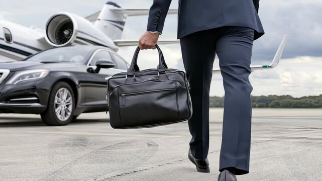 Confident traveler arrives at the airport in a luxury car, carrying a briefcase, ready to board a private jet for an important trip
