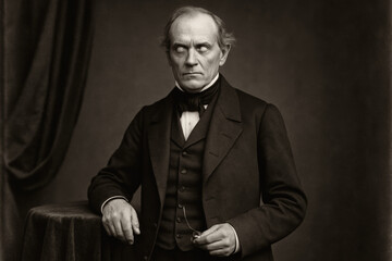 Creepy Halloween portrait of a vintage 19th-century man with blank white eyes, dressed in formal dark attire, exuding a sinister and unsettling aura. Ghostly or possessed figure.