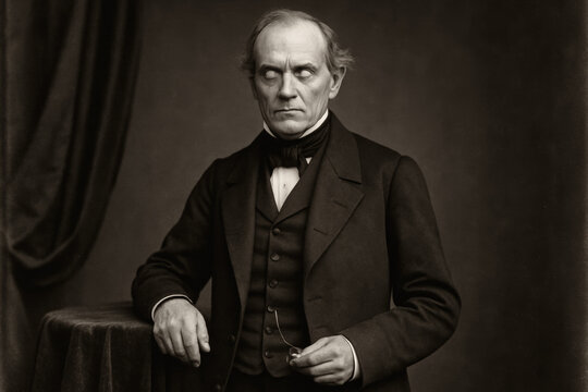 Creepy Halloween portrait of a vintage 19th-century man with blank white eyes, dressed in formal dark attire, exuding a sinister and unsettling aura. Ghostly or possessed figure.