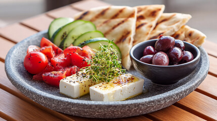 greek breakfast with olives feta cheese and vegetables