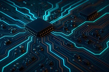 Macro shot of a printed circuit board with glowing traces and mounted components, highlighting modern electronic design and nano-scale connectivity.