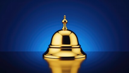 Golden service bell on a reflective surface against deep blue background, a symbol of assistance and elegance