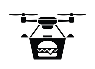 drone food delivery icon – black and white line art of a quadcopter carrying burger meal container, modern takeaway transport concept