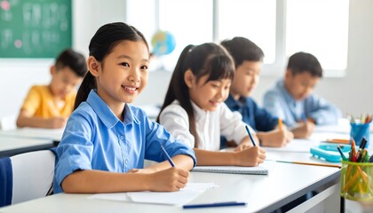 Group of children sitting in a row in a classroom engaged in homework activities at primary school level