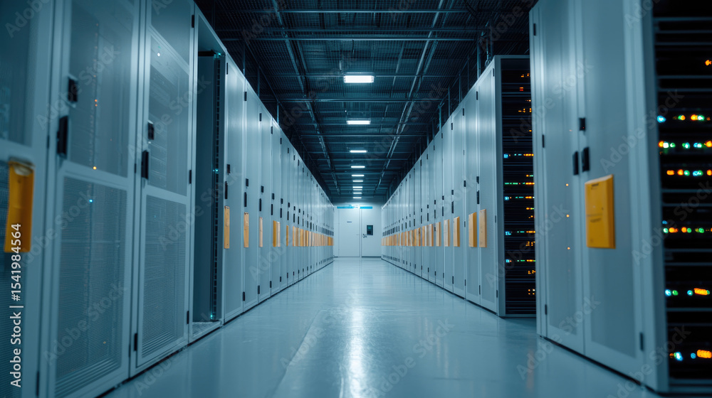 Poster long corridor of server racks in data center with blue lighting, modern technology, and secure envir