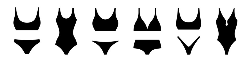 One piece and two piece swimsuit silhouette set. Stylish black monokinis and bikini for swimming and sunbathing on sea and ocean beaches with classic fashionable design