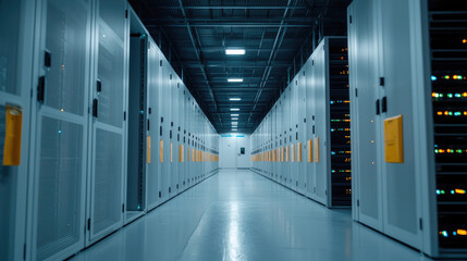 Long corridor of server racks in data center with blue lighting, modern technology, and secure environment