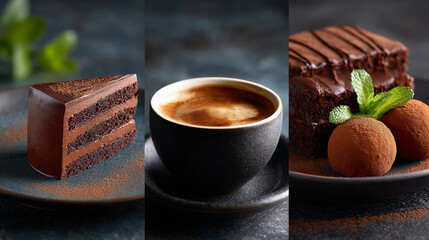 collage of photos of cooking with morning coffee in a cup and baking cake