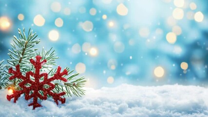 A festive scene of winter with snow falling and pine trees decorated for Christmas. Red ornaments on branches. - Powered by Adobe