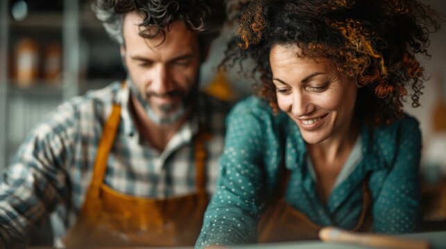A couple engages joyfully in a creative activity in a warm workshop, showcasing collaboration and the joy of hands-on creativity amidst a cozy atmosphere.