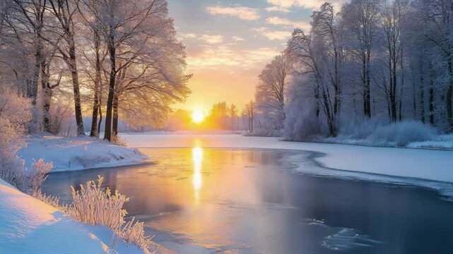 Winter landscape with frozen lake and snow covered trees at sunset creating a serene scenery