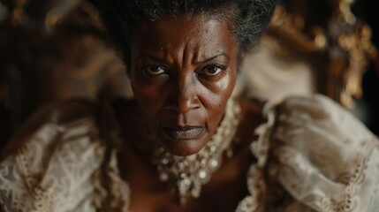 An imposing figure with a fierce expression sits regally adorned, representing strength and authority while conveying deep emotional intensity in a lavish environment.