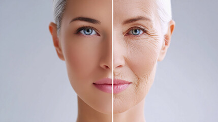one face of human woman youth and old age .two parts of the face of life aging human comparison two halves.