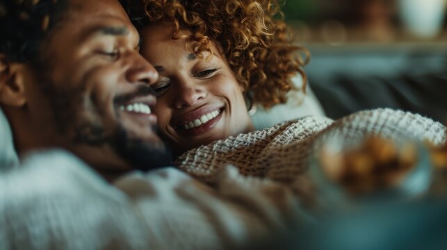 Two smiling adults snuggle together on a sofa, exuding warmth and comfort, symbolizing love and intimacy in a relaxed home environment during a cozy evening. - Powered by Adobe