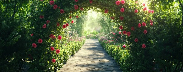 A high-definition shot of a garden archway with climbing roses blooming, leading into a romantic garden filled with greenery and vibrant flowers. 