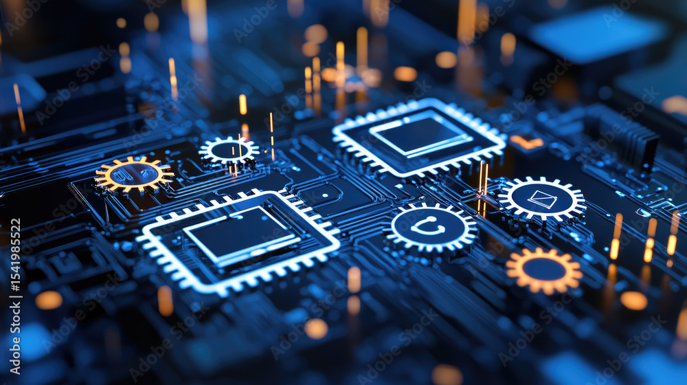 Aufkleber futuristic microchip circuit board technology innovation blue abstract digital glowing sparks closeu