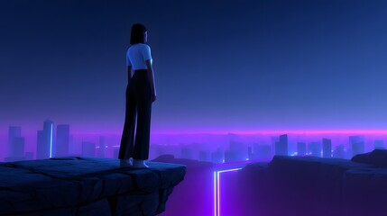 Fototapeta premium Girl overlooking a neon-lit futuristic city from a cliff