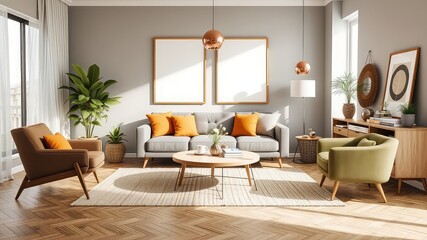 Serene living room featuring a gray sofa with orange cushions, two armchairs, plants, and stylish d?cor elements offering a welcoming atmosphere