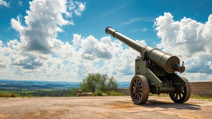 A historic looking cannon stands ready on a hilltop, overlooking a landscape under a cloudy, summer sky.